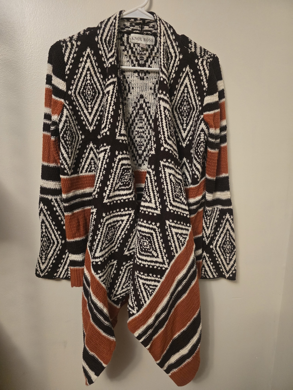 Knox Rose Black White and Rust Geometric Drape-Front Cardigan #393